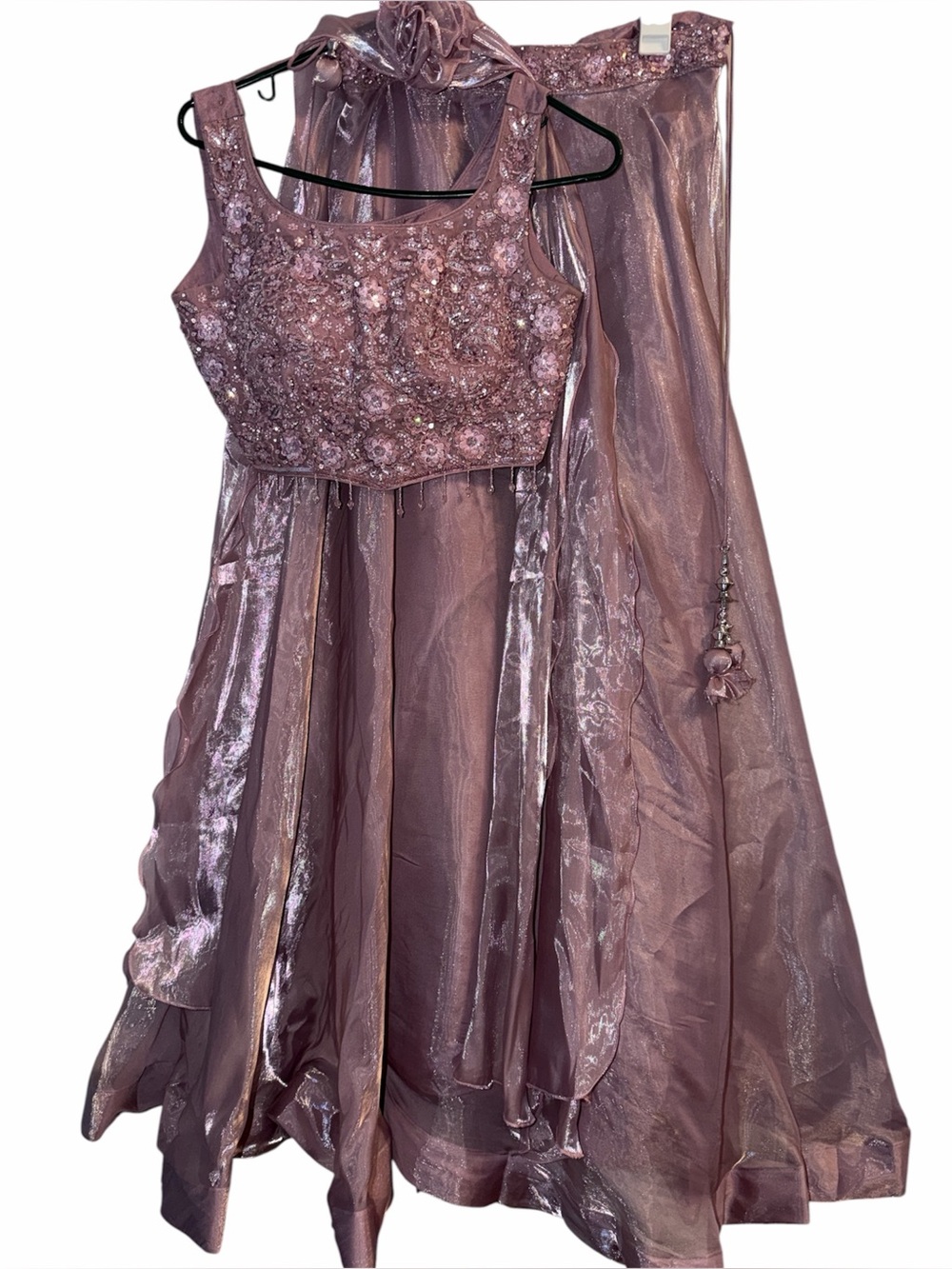 Contemporary Shimmer Rose Pink Satin Lehenga Choli Set with Dupatta